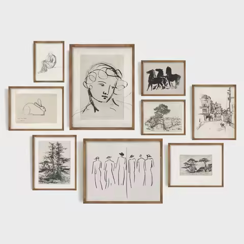 Vintage Sketch Print Canvas Painting Neutral Eclectic Gallery Wall Art Livingroom Home Decor Retro A