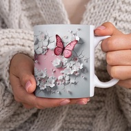 1pc 11oz 3D Cracked Butterfly Pattern Ceramic Mug On Wall Portable Wide Mouth Coffee Mug, For Office