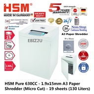 HSM Pure 630CC - 1.9x15mm A3 Paper Shredder (Micro Cut) - 19 sheets (130 Liters) ( 630, non stop)