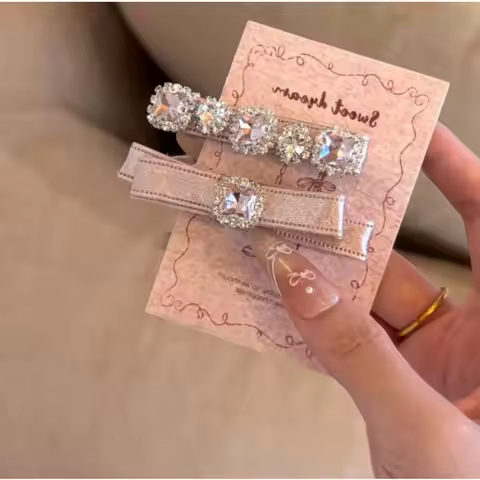 1Pair Pink Gold Satin Water Diamond Hair Clip，Exquisite Sparkling，Date Commuter，Women Gentle Tempera
