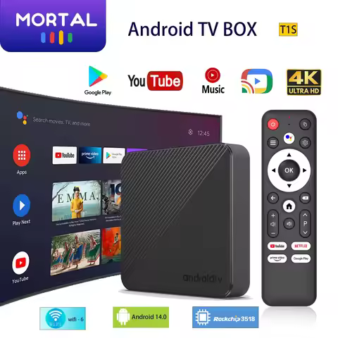Android 14 Mortal T1S TV Box Wifi6 1000M Smart 4K Free Live TV Home theater Rock 3518 HDR Streaming 