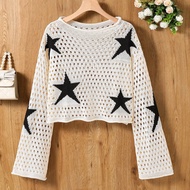 Áo len 1 mảnh phong cách Bắc Âu màu be hình ngôi sao cho bé gái tuổi teen - Áo crop top tay loe rộng