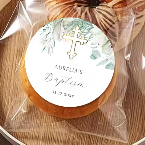 Custom Round Baptism Christening Sticker Pink Florals Greenery Gold Cross Name Thank You Girl Boy Ba
