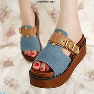 KL174 Light Wood Combi Denim Slippers Height 5cm Width Adjustable Hook Strap