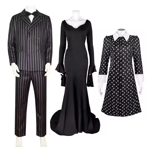 Addams Cosplay Costumes Morticia Gothic Black Dress Gomez Addams Men Suit Uniform Dad Mon Daughter G