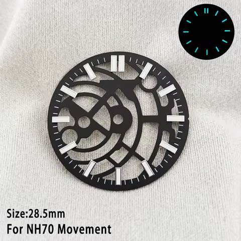 For NH70 Hollow Skeleton Dial 28.5mm C3 Green Luminous Black Blue Hollowed Out Dial Fit NH70 NH72 Mo