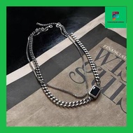 Faraz// Ins Fashion Necklace Kalung Rantai Titanium Steel Double Layer Silver Adjustable Aksen Liont