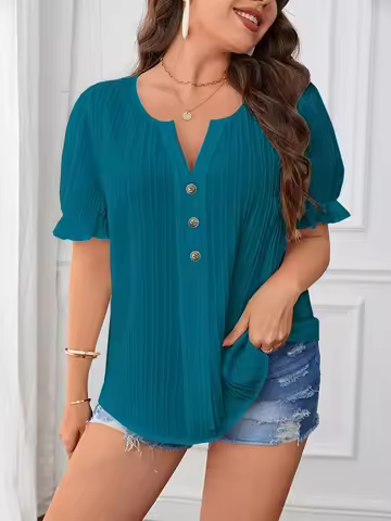 Plus Size Summer Women Elegant Solid Shirt Casual Fashion Notched V Neck Tops Office Lady Button Cur