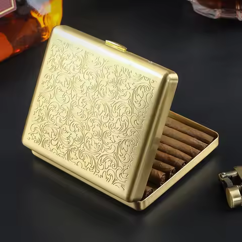 Metal Cigar Case Portable Gold Engraved Travel Cigar Box Copper Cigarette Case For 1CM Cigar Smoking