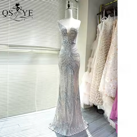Spaghetti Straps V Neck Sequin Silver Prom Dresses Full Mermaid Pattern Lace Evening Gown Party Back