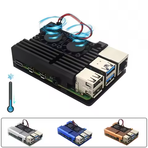 For Raspberry Pi 4 Model B Aluminum Case Dual Fan Metal Shell with Two Fan Heat Sinks Passive Coolin
