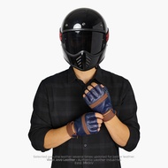 WJLR - RIDING Genuine Leather Motorcycle Gloves Half Fingers Authentic Retro Gloves Navy Riding Glov
