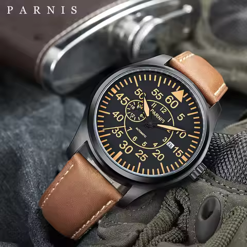 Fashion Parnis 44mm Black Automatic Mechanical Men Watch Leather Strap Sapphire Crystal Luminous Men