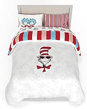 Dr. Seuss Cat in The Hat Kids Bedding, 7 Piece Full Bed Set, Soft Cozy Reversible Comforter and Shee