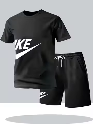 Summer fashion street short-sleeved sports outfit for men, men's sports shirt set, men's round-neck
