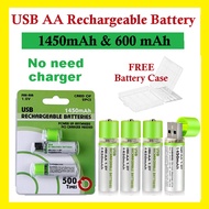 Original AA USB Rechargeable Battery NI-MH 1.2V 1450mAh 600mAh (2 Cells per Pack) No Need Charger / 