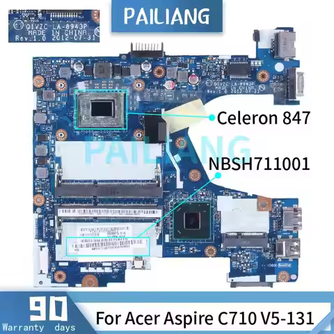 For Acer Aspire One 756 V5-131 V5-171 Laptop Motherboard Celeron 847 LA-8943P NBSH711001 SR08N DDR3 