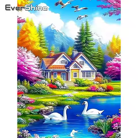 Evershine Diamond Painting House Swan New Arrival Diamond Mosaic Mountain Picture Full Square DIY Em