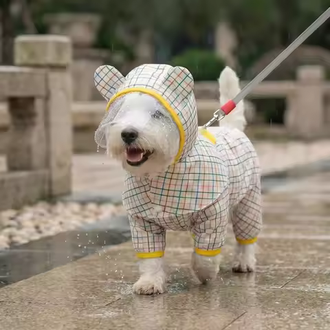 Dog Plaid Split Raincoat Small Dog Waterproof Clothes for Rainy Days Outdoor Wear Summer Teddy Four 