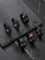 5/6/7pcs Stainless Steel Ring Set, Includes Matte, Roman Numeral, Snake Skin, Asymmetrical Pattern E