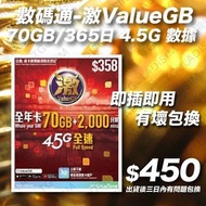 實名電話卡 (香港)數碼通「激ValueGB」高速本地「70GB/年卡」上網儲值卡