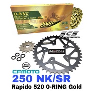 RAPIDO Chain Set CFMoto 250NK 250SR 520 KLO2 ORing CLIP GOLD Mettal Sprocket 14T-41T Rantai Oring 25