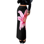【Ready Stock】Women Pink Lily Print Maxi Skirt Slim Fit Gaya Korea Pakaian Wanita Kasual Trendy Baju 