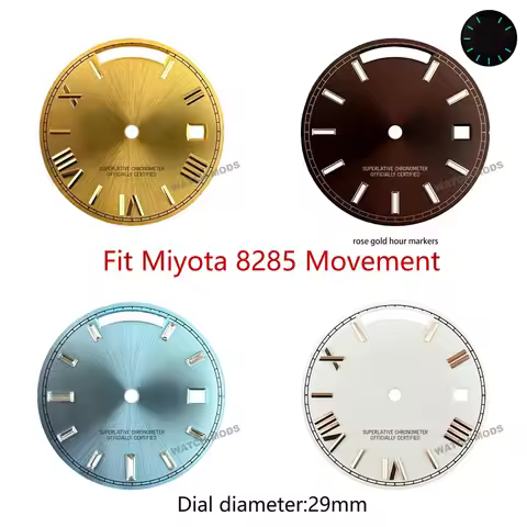 29mm S logo 8285 dial for Miyota 8285 movement blue-green luminous 8285 hands silver gold brown date