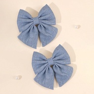 2 chiếc nơ cài tóc màu xanh denim cho bé gái, nơ trơn bóng, kẹp tóc cá sấu, kẹp tóc dễ thương, nơ bu