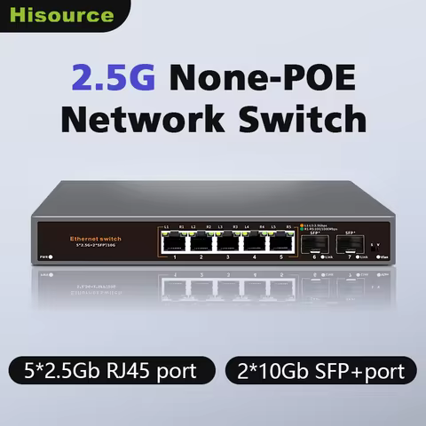 Hisource 2.5G Unmanaged None-POE Network Switch 5 Port Ethernet Switch with 2*10G SFP+