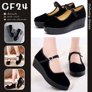 ꕥCatalog Shoesꕥ รองเท้าคัชชูส้นตึกสูง 1 นิ้วครึ่ง ผ้ากำมะหยี่ สีดำล้วนส้นแต่งลายดอกไม้ เบอร์ 34-40 (