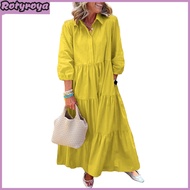 Womens 3/4 Sleeve Maxi Dress Button Up Lapel Swing Dress with Pockets A-line Ruffles Tiered Beach Su