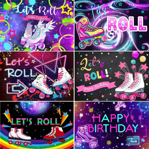 Let's Roll Girls Theme Women 80s 90s Pink Roller Skating Neon Lights Rainbow Disco Birthday Party De