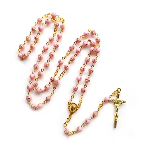QIGO Pink Rose Plastic Beads Rosary Crucifix Pendant Necklace Long Religious Pray Jewelry