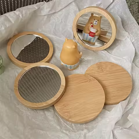 1Pc Pure Wood Cosmetic Mirror Portable Mirror Round Cosmetic Mirror Pocket Compact Mirror for Travel