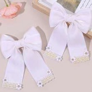 2pcs Delicate White/Pink Satin Hair Bows For Girls - Pearl Edge& Daisy Decor Hair Clips ,Alligator C
