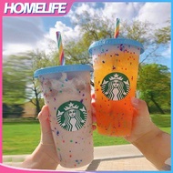 💞Reusable Starbucks Tumbler Color changing Confetti Cold cup Rainbow straw with Lid Plastic Cup， 24 fl oz