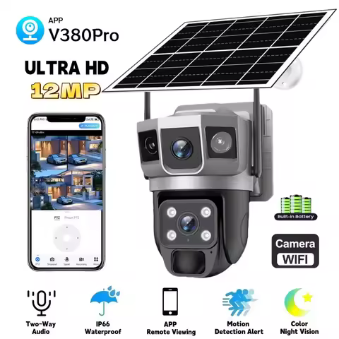 Solar IP Camera Outdoor 12MP Triple Screen WIFI Wireless Network Monitor V380Pro IP66 PIR Human Dete
