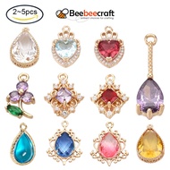 Beebeecraft 2~5pc Glass Pendants with Micro Pave Cubic Zirconia and Brass Open Back Settings Faceted Heart with Crown Light Gold Camellia for Jewelry Making