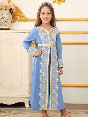 Middle East Morocco Ethnic Lace Robe Muslim Dubai Girls Dress Islamic Wedding Ramadan Festival Costu
