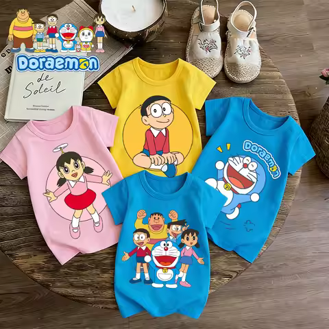 Doraemon T-shirt Anime Printed Clothes Short Sleeves Tops Tees Nobi Nobita Casuals Round Neck T-shir