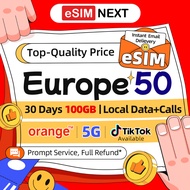 Europe eSIM 5G Data Call+SMS Orange Holiday Support 50 Countries and Regions 12GB/100GB High Speed e