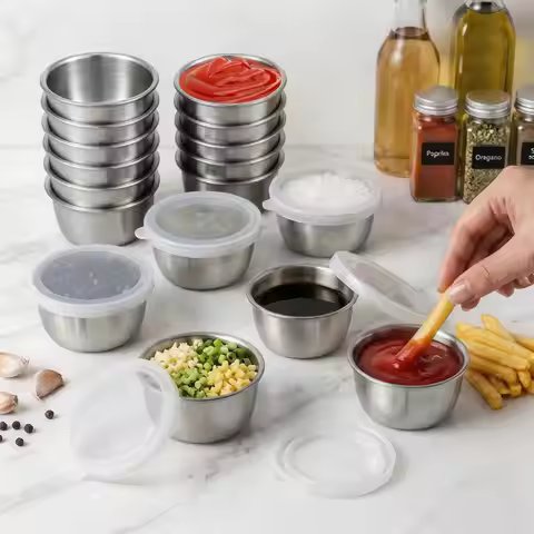 12/6Pcs Sauce Dipping Bowl Reusable Stainless Steel Seasoning Dressing Cup 1.4Oz Mini Round Sauce Di
