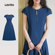 Lovito Elegant Dress Structure Line Pleated Button Spring/summer Navy Blue Dress for Women L138ED333