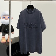 DYJ8 Balen ''BLCG Reverse Wear Patch Embroidered Letters Washed Distressed Small Neckline Short Slee