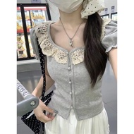 Gentle Style Lace Stitching T-Shirt Women 2024 Summer Korean Version Slim-fit Age-Reducing Puff Sleeve Top Short Style