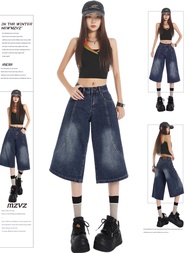 MZVZ | Retro Deep Blue Denim Women 7-Point Pants Wide Leg Curved High Waist