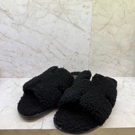 HERMES全黑毛毛H拖鞋/43