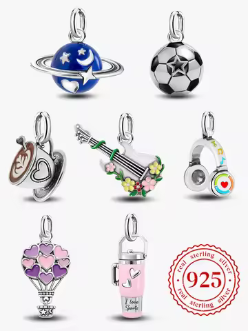 Adjustable 925 Sterling Silver Vintage Pendants Guitar Coffee Planet Charms Beads Fit Original Brace