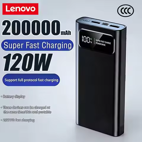 Lenovo 120W Power Bank Super Fast Charging Battery Pack High Capacity Digital Display 200000mAh Powe